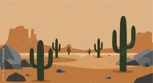 Minimalist Desert Landscape Minimal Vector Illustration Southwestern Cacti, Rocks, and Orange Mountains