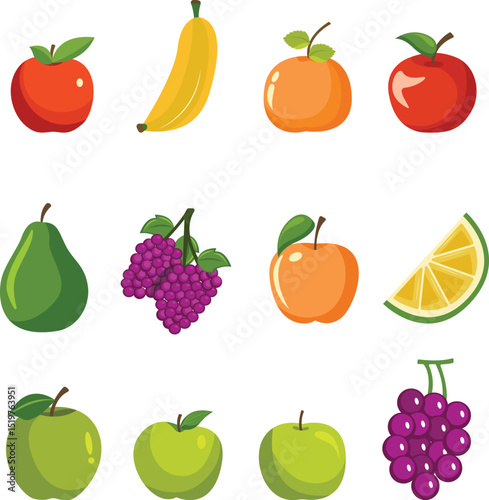 Vibrant Fruit Collection Apples, Bananas, Grapes, and More! Delicious and Colorful Illustrations for Your Projects
