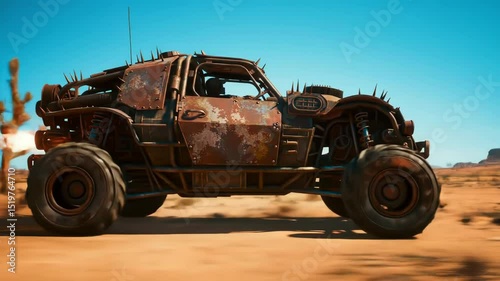 An off-road vehicle with a rugged design races across a vast desert landscape under a clear blue sky. Dust kicks up around the tires as it navigates the rough terrain
