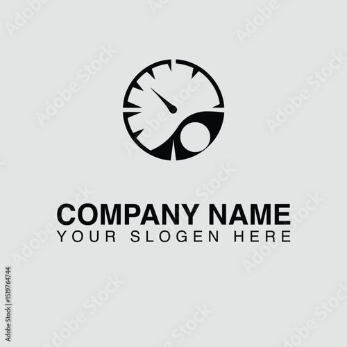 Black speedometer logo with company name and slogan on a gray background, featuring a circular gauge with a needle and a stylized design element