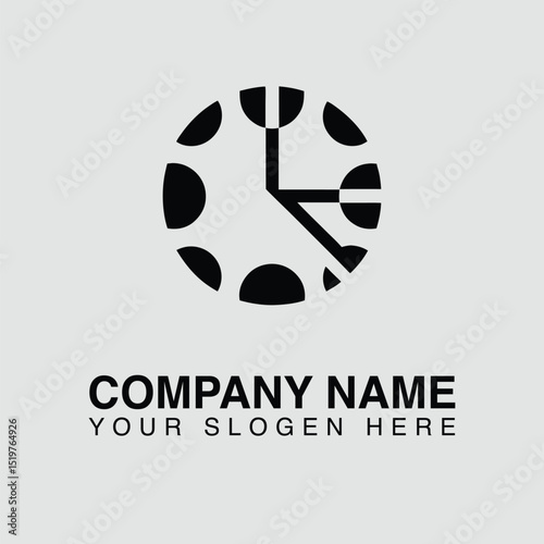 Clock logo with company name and slogan, featuring a circular design with clock hands indicating a specific time, isolated on a light gray background