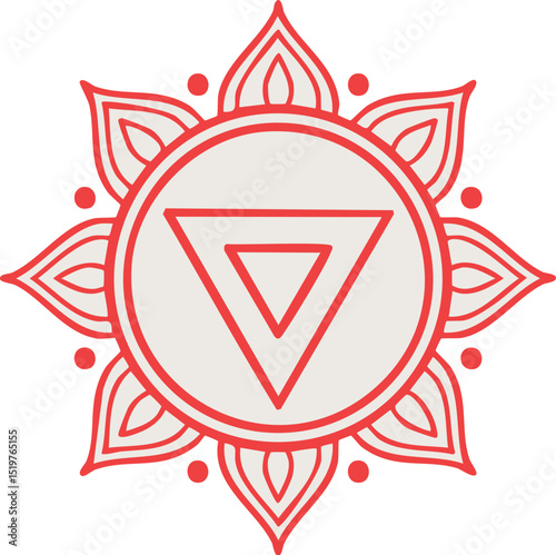 Red root chakra mandala for yoga posters, energy healing infographics, and interior wellness decor
