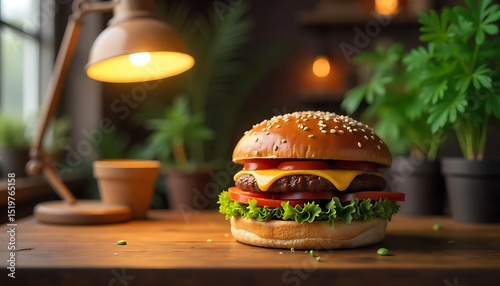 Delicious Homemade Burger under Warm Lamp Light: A Cozy Indoor Scene