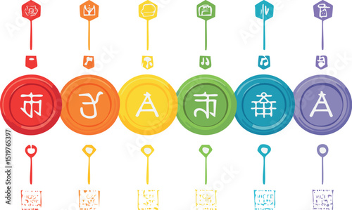 Row of colorful chakra icons with symbols