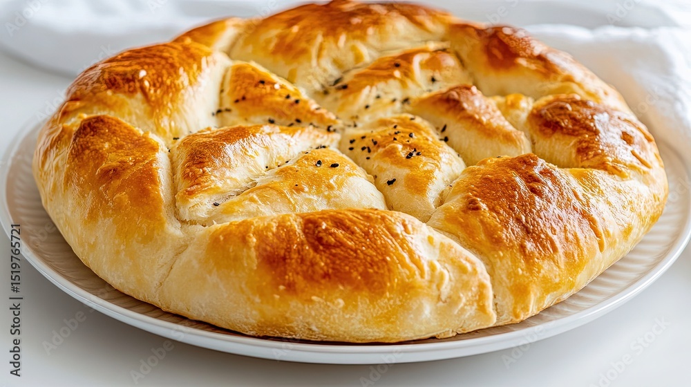 Close-up of a freshly baked Kalem on a white plate with a crispy golden-brown crust, placed on a clean white background. Close-up of a freshly baked Kalem on a white plate with a crispy golden-brown crust, placed on a clean white background.