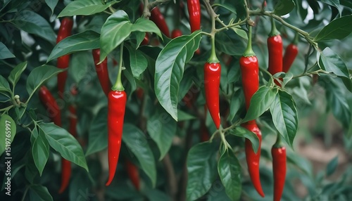 Vibrant Red Chili Peppers Growing on the Plant in Natural Setting