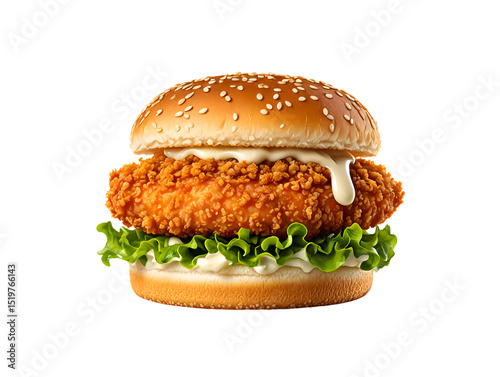 Crispy Chicken Zinger Burger – Juicy Fast Food Sandwich, Perfectly Lit, Isolated on Transparent Background

