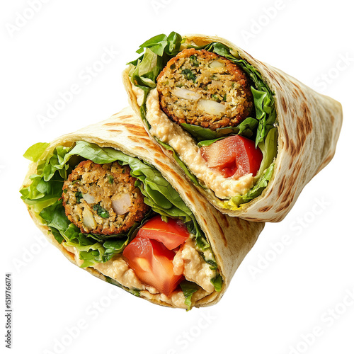 Large burrito cut in half, revealing beans, rice, meat, and salsa, isolated on white background
