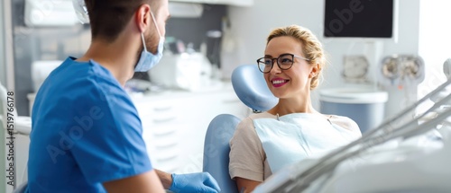 The dentist consulting with a happy patient in a modern dental clinic.
