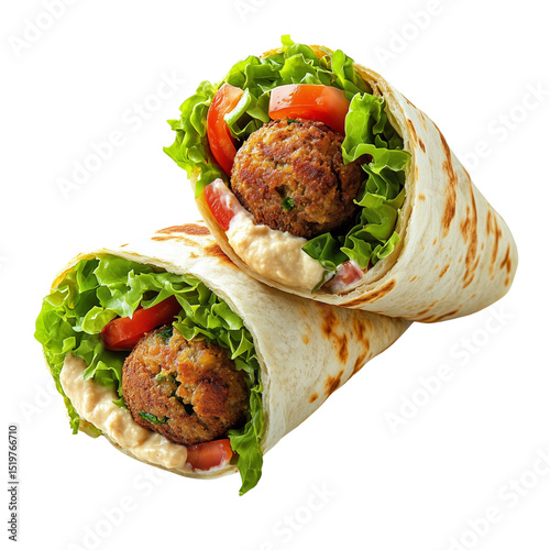 Large burrito cut in half, revealing beans, rice, meat, and salsa, isolated on white background