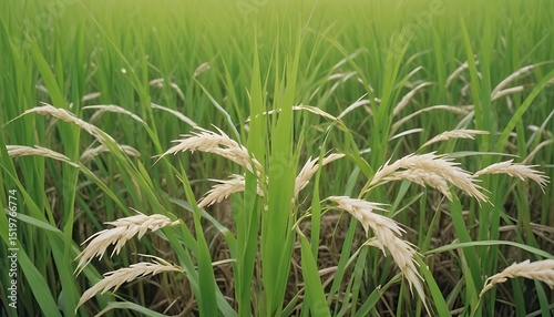 Lush Green Rice Paddy Field with Ripening Grain, Agriculture Landscape