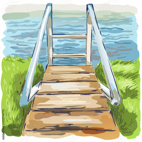 Wooden dock leading to calm water with green grass surroundings  