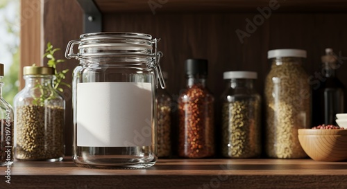 Spice Jars on Shelf with Blank Label Mockup for Your Product
