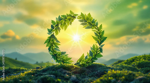A green wreath adorned with leaves rests atop a mountain peak against a clear blue sky, Generative AI.