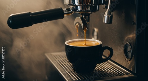 Pouring Espresso into Black Cup from Coffee Machine