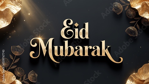 Elegant Eid Mubarak Greeting: Gold Lettering and Floral Design