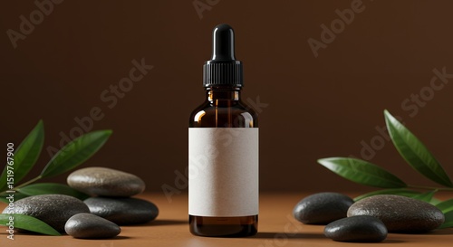 Aromatic Oil Bottle with Stones and Leaves Still Life