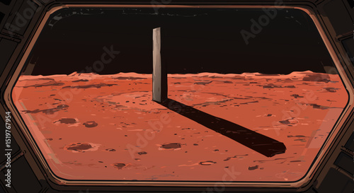 Monolith standing on the Martian surface with a shadow in the foreground  