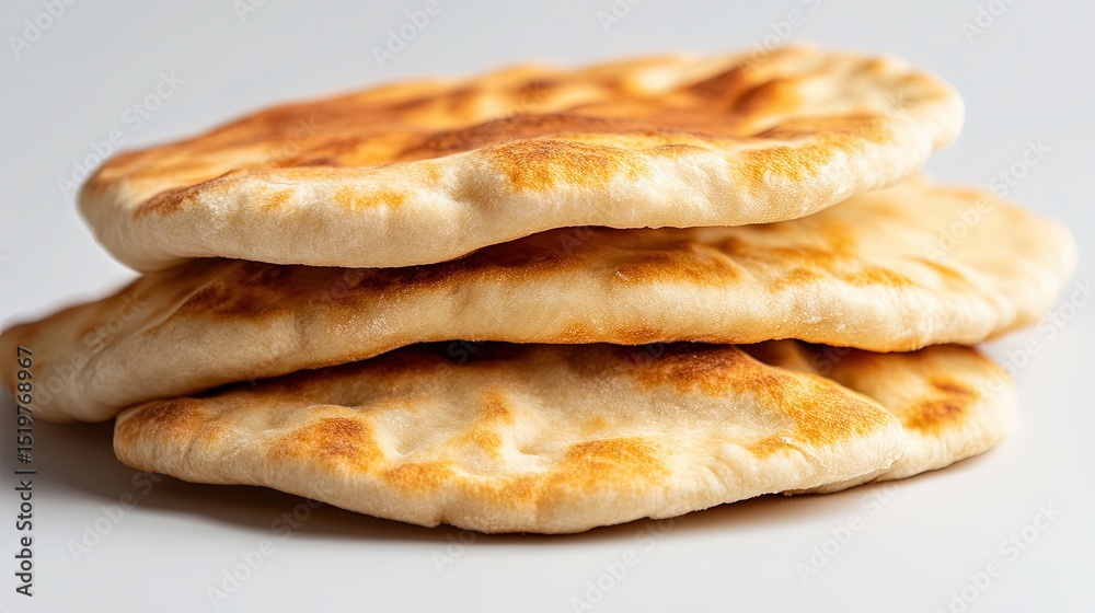 Close-up shot of freshly baked pita with a slightly crispy edge, centered on a simple white background to highlight the texture. Close-up shot of freshly baked pita with a slightly crispy edge, centered on a simple white background to highlight the texture.