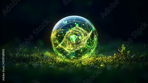 Glowing Green Sphere On Mossy Grass