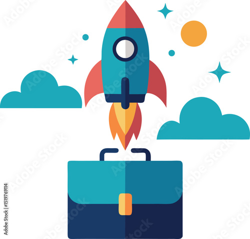 Rocket launching out of a briefcase with clouds and ambition