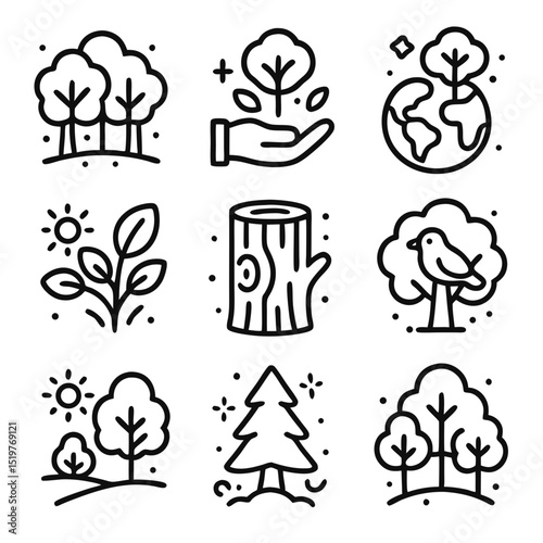 Tree nine line art icons depict various aspects of nature.
