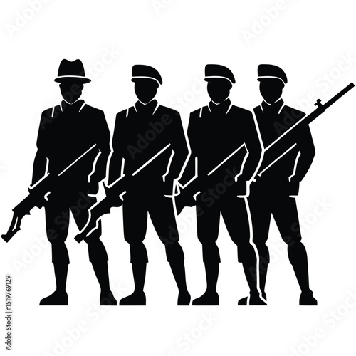 Four Silhouettes of Soldiers in Vintage Military Uniforms with Rifles Vector Illustration