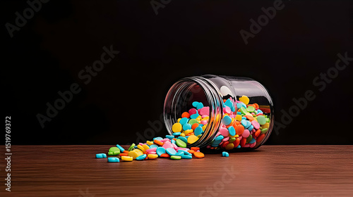 Colorful Candies Spill From Glass Jar On Wooden Table