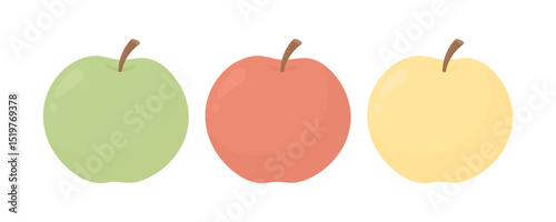 Three apple. Green, red, yellow apple. Proper nutrition. Low calorie food