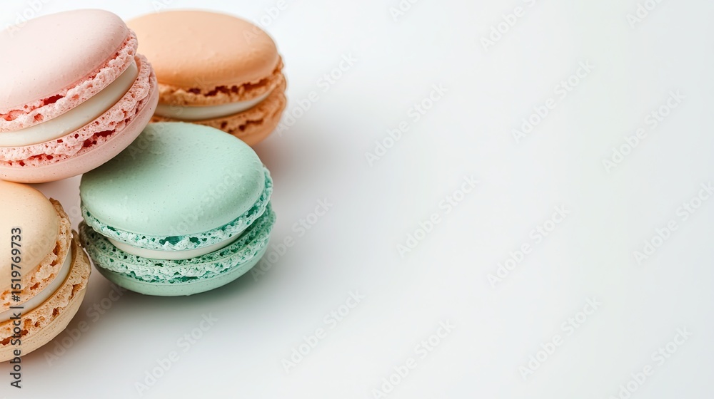 Delicate macarons in pastel shades placed on a white, blank canvas with enough negative space to highlight their colors. Delicate macarons in pastel shades placed on a white, blank canvas with enough negative space to highlight their colors.