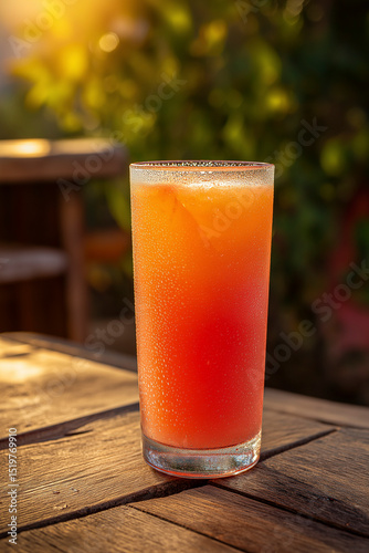 Refreshing cocktail in a glass filled with ice cubes, sitting on a wooden table, illuminated by warm sunlight, creating a vibrant and inviting atmosphere for summer enjoyment