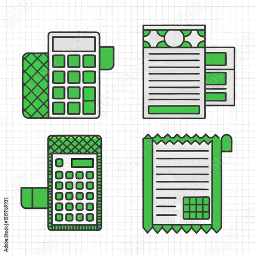 Detailed Illustration of Calculator with Invoice and Accounting Icons

