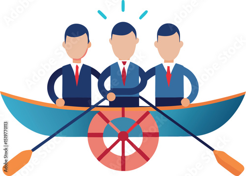 Employees rowing a boat together in perfect sync