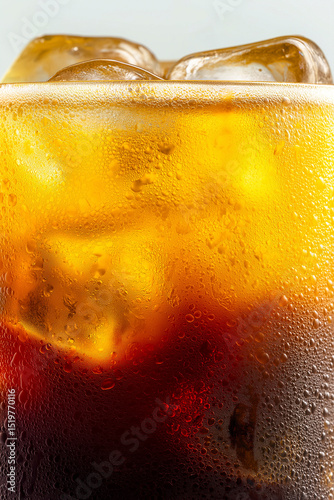 Refreshing beverage in a glass filled with ice cubes, showcasing condensation on the surface, highlighting the drink's vibrant colors and inviting appearance for summer enjoyment
