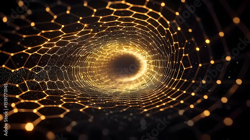 Abstract Golden Geometric Tunnel With Glowing Particles
