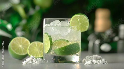 Iced Lime Cocktail In Glass With Ice Cubes And Lime Slices