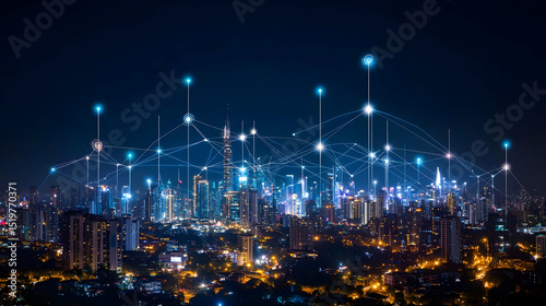 Night City Skyline With Abstract Connectivity Lines
