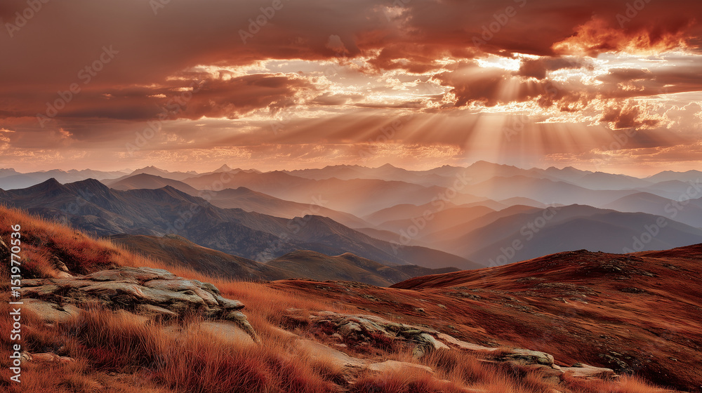 Obraz premium Dramatic mountain sunset with intense orange and pink hues, sharp sunbeams breaking through peaks. Clean, uncluttered foreground with open sky for text placement.