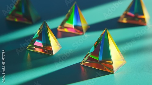 Rainbow-hued glass pyramids cast vibrant shadows on a teal surface