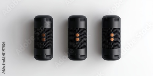 Three Modern Black Microphones with Gold Accents, Top View