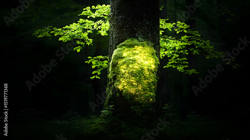Illuminated Tree Trunk In Dark Forest