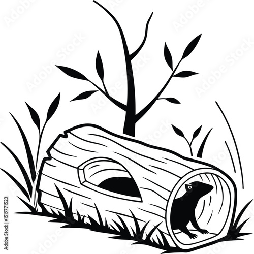 A charming mouse peeking from a hollow log graphic perfect for nature themed designs and branding projects