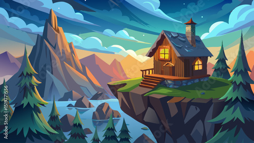 A tiny wooden cabin with glowing windows sits on the edge of a cliff, overlooking bouncy, foam-like mountains and cartoon pine trees with oversized cones