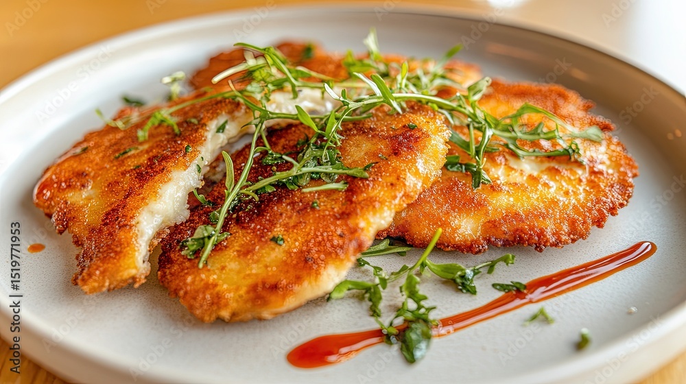 Golden-brown schnitzel placed on a neutral-colored plate with a thin, artistic drizzle of sauce, photographed with ample empty space around it. Golden-brown schnitzel placed on a neutral-colored plate with a thin, artistic drizzle of sauce, photographed with ample empty space around it.
