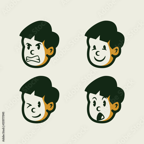 Cartoon boy face set showing surprised, scared, angry, and mischievous expressions in bold vector style. Perfect for emoji, mascot, sticker, or children’s content design