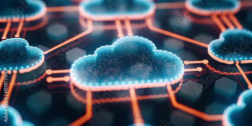 Cloud computing network with glowing abstract cloud structure, digital connection lines, futuristic technology, and artificial intelligence concept, representing data storage and innovation