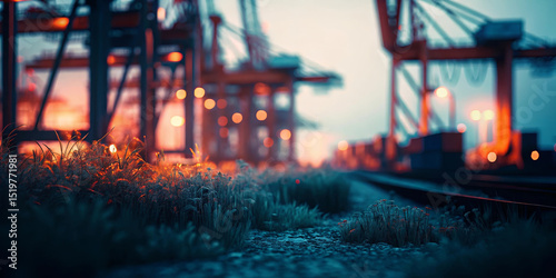 Abandoned shipping port with cranes standing still overgrown grass railway tracks industrial area evening light tranquil urban decay moody atmosphere empty neglected