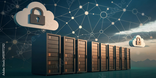 Cloud data storage security concept with server racks, digital lock icons, and network connections, illustrating secure blockchain technology for protecting information in modern data center