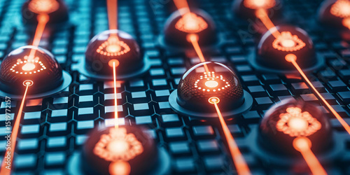 Futuristic digital network with glowing nodes and lines, representing cyber attack, botnet swarm, and global digital infrastructure vulnerability, with high tech, intense atmosphere