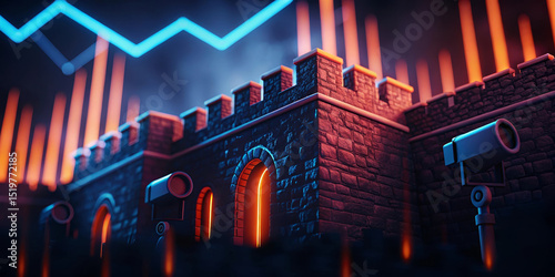 Digital transformation of ancient stone wall with surveillance cameras, glowing neon lights, and data graph, symbolizing technology and security evolution